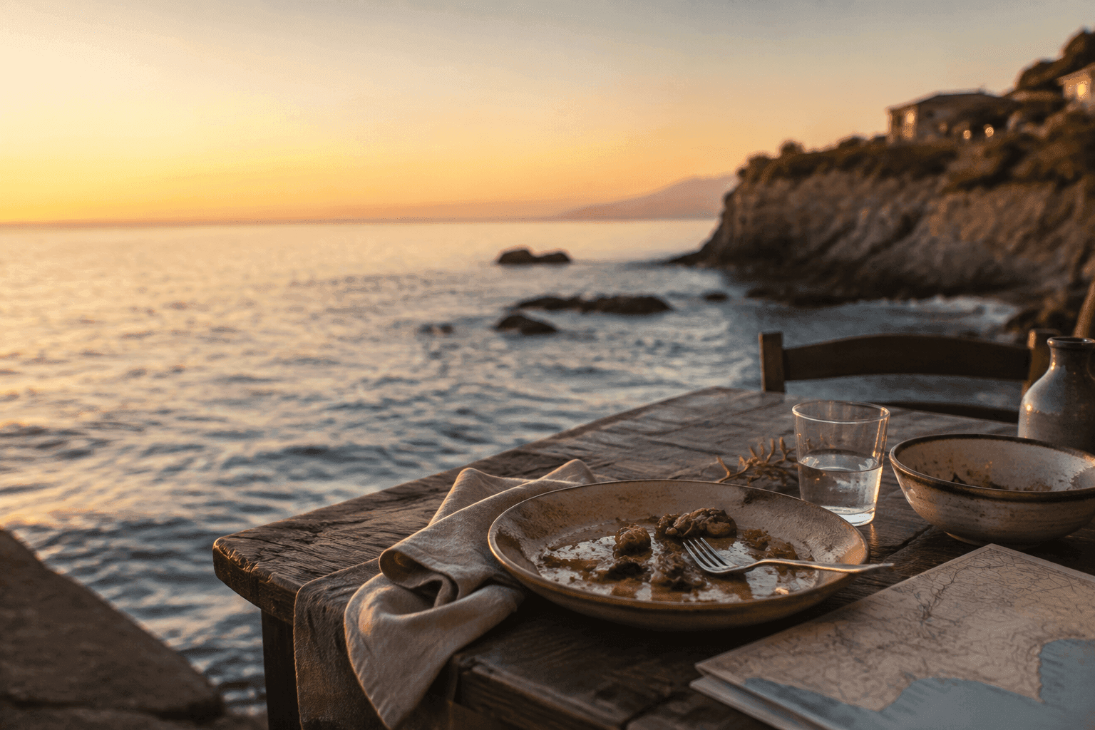 Coastal table set for a meal at sunset