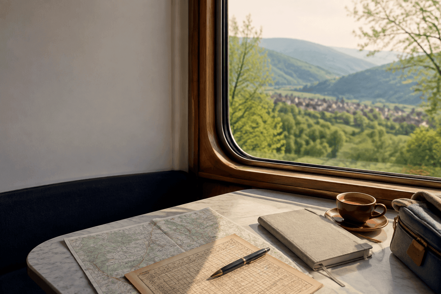 Illustrated rail lines and waypoints representing European train travel planning
