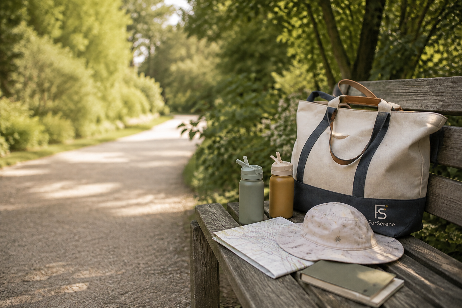 A family travel bag, water bottles, map, and notebook on a quiet garden bench