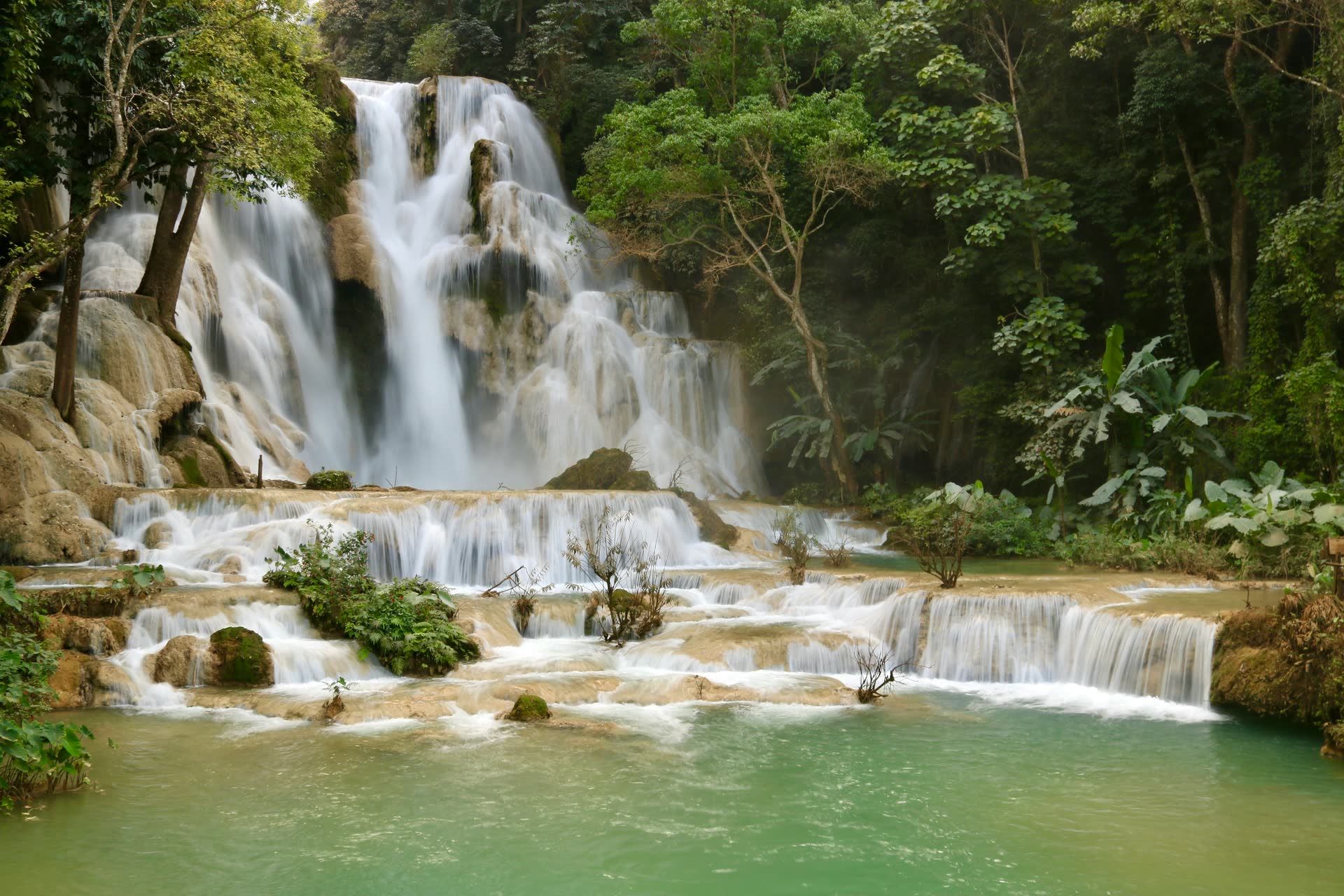 Kuang Si Falls spilling in tiers over pale limestone ledges into a turquoise pool, surrounded by dense green forest