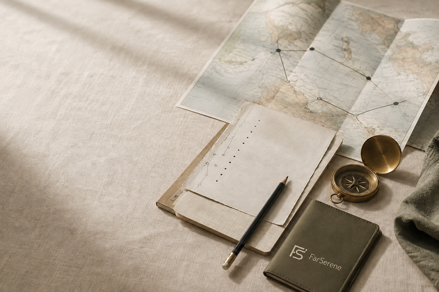 A multi-city route map, itinerary notebook, compass, and travel wallet on linen