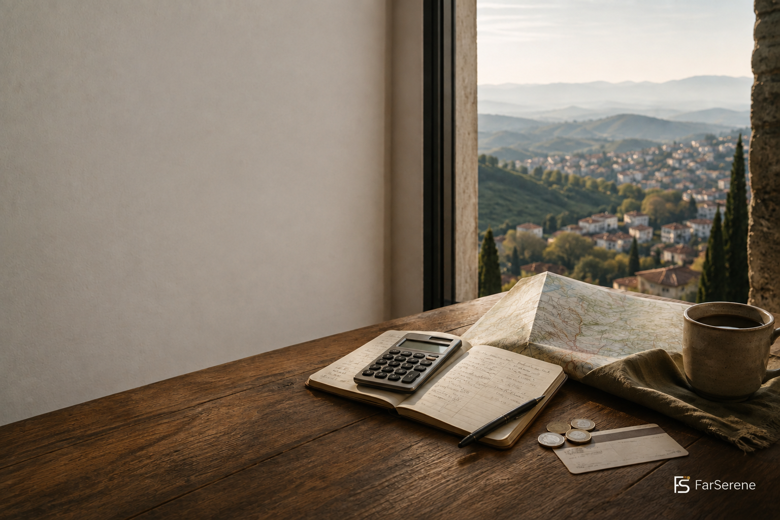 A regional travel map, calculator, budget notebook, and coffee beside a window